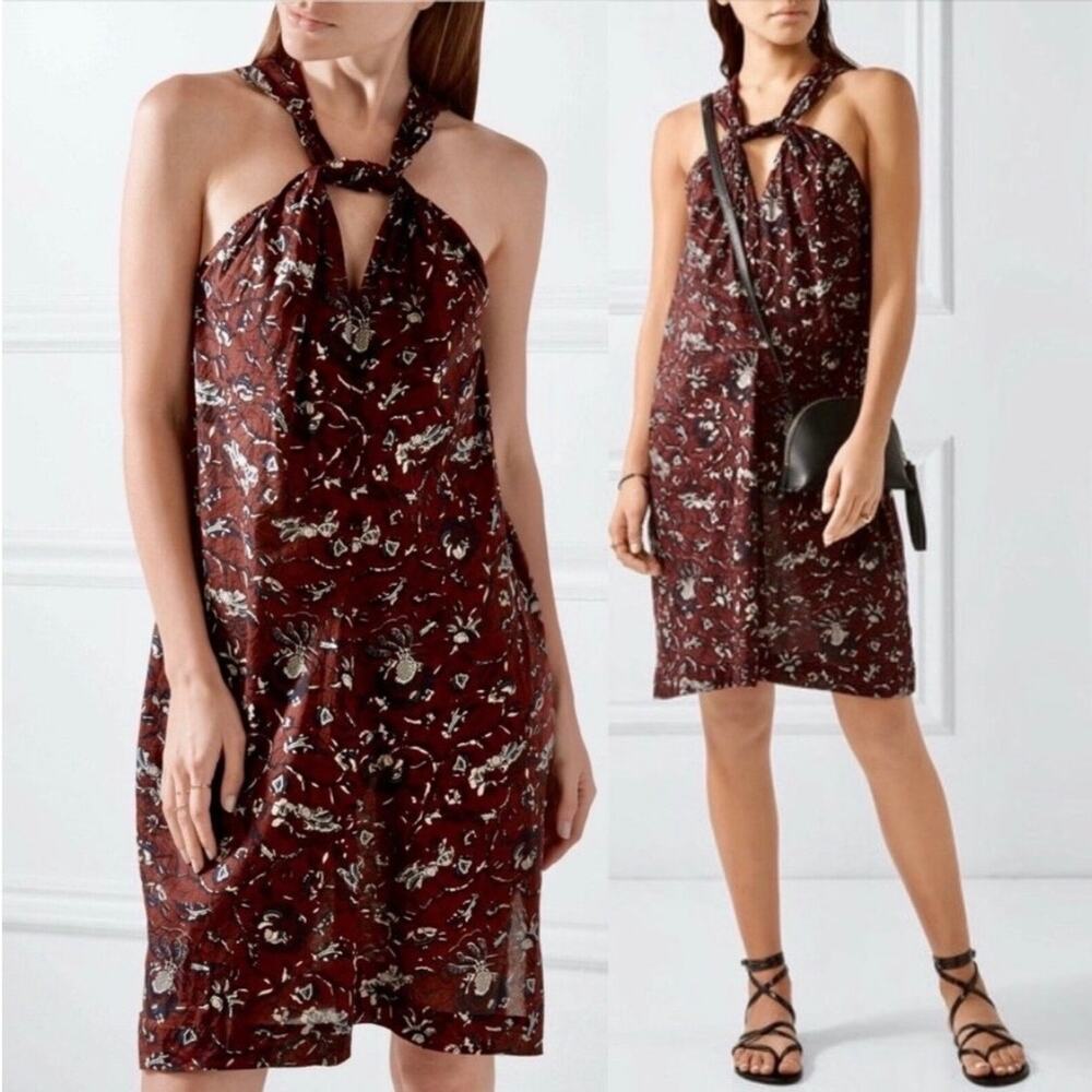 ISABEL MARANT ETOILE Aba Twist Halter Dress Womens 38 Maroon Floral Print Cotton